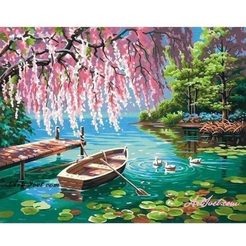 Картина по номера -Пролет край езерото с водните лилии