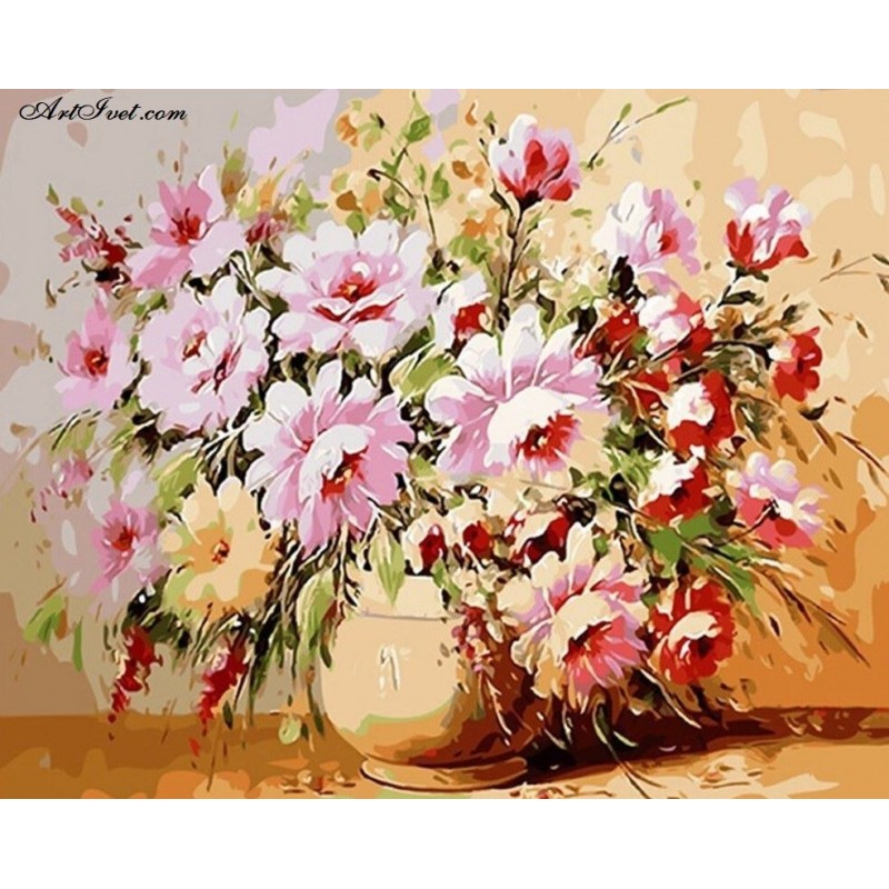 Картина по номера -Цветя в светло-розово в бежова ваза