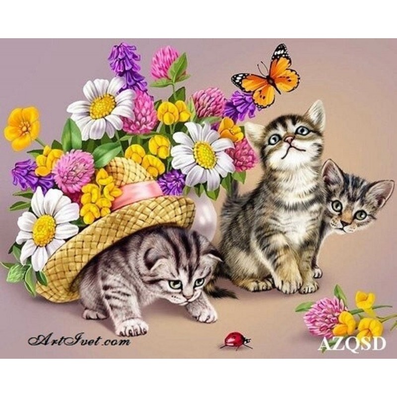 Картина по номера -Цветя и котенца