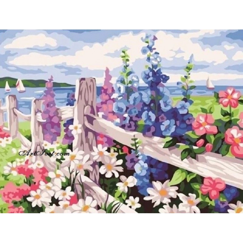 Картина за рисуване по номера - Цветя на оградата