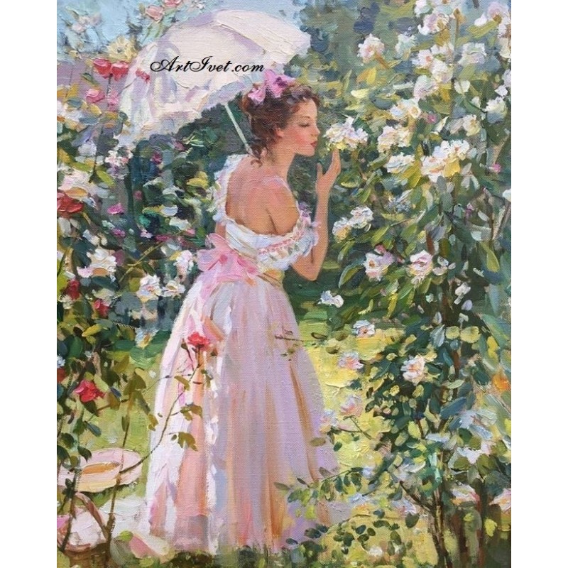 Картина за рисуване по номера - Красива  жена сред красиви цветя