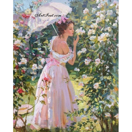
     Картина за рисуване по номера - Красива  жена сред красиви цветя
