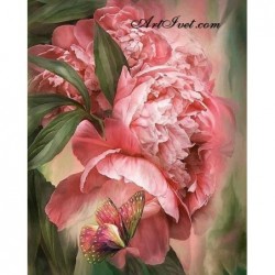 Картина за рисуване по номера - Красива пеперуда на розови божури