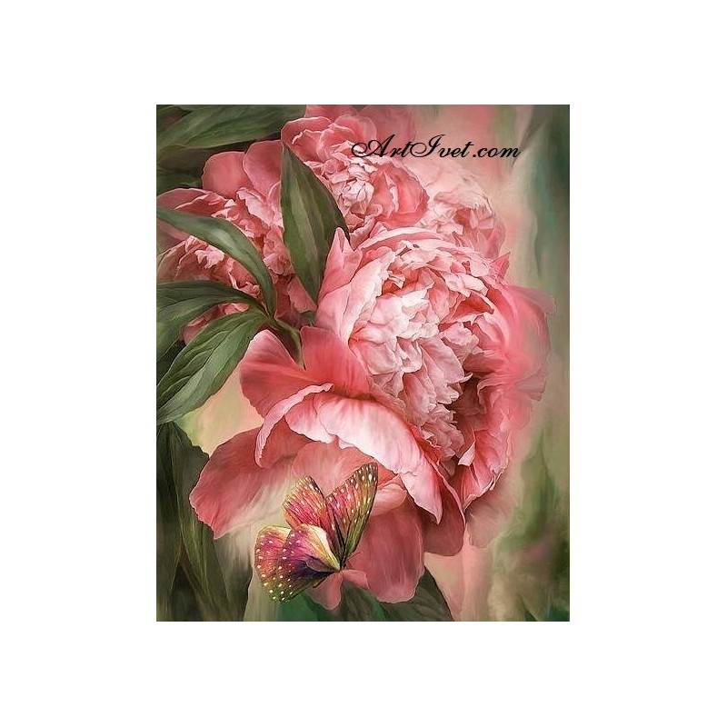 Картина за рисуване по номера - Красива пеперуда на розови божури
