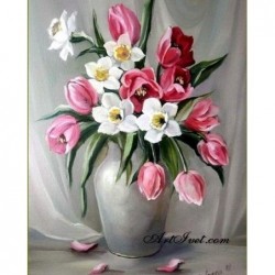 Картина за рисуване по номера - Нарциси и лалета в сребриста ваза