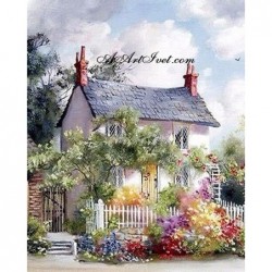Картина по номера - Къща с красива цветна градина