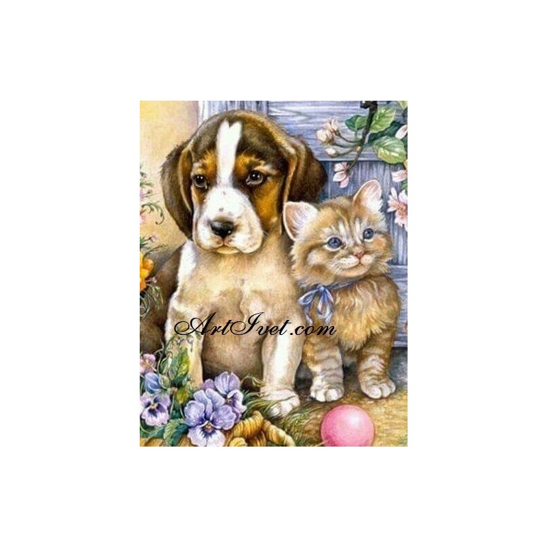 Картина по номера -Коте и куче приятели