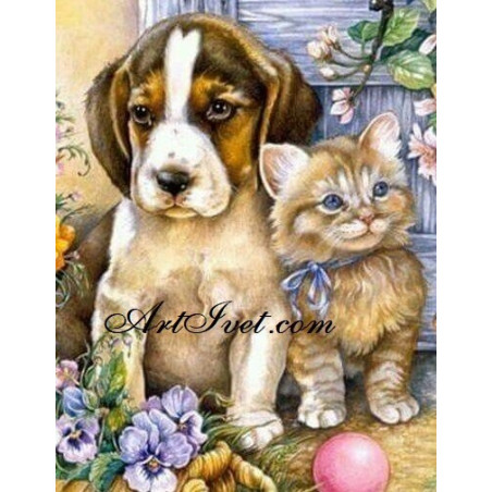 
     Картина по номера -Коте и куче приятели