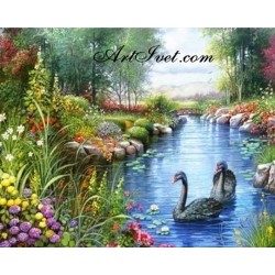 Картина по номера - Черни лебеди в приказно езеро