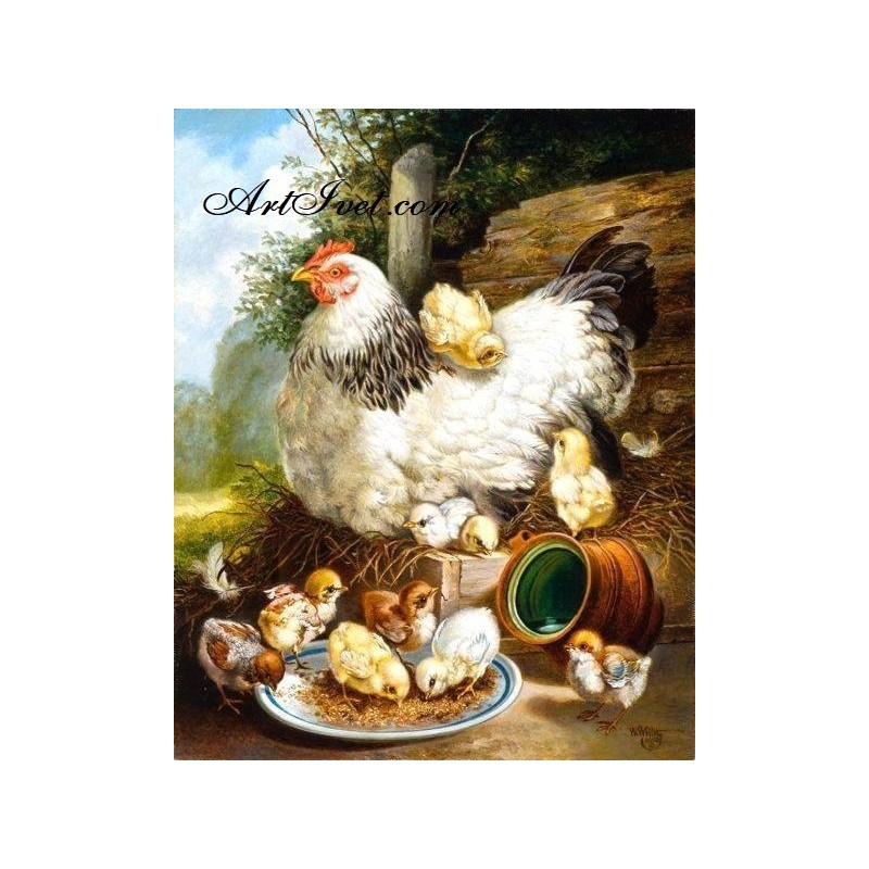 Картина по номера - Кокошка и пиленца