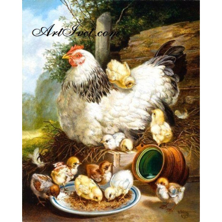 
     Картина по номера - Кокошка и пиленца