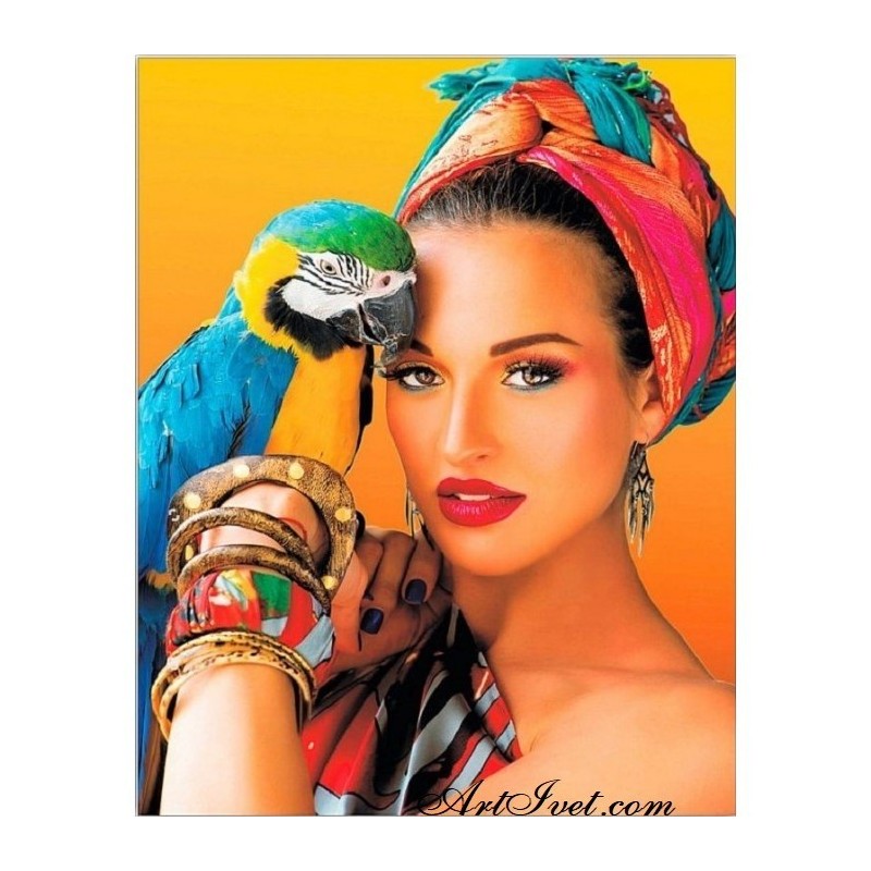 Картина по номера -Красивата кубинка и нейния папагал