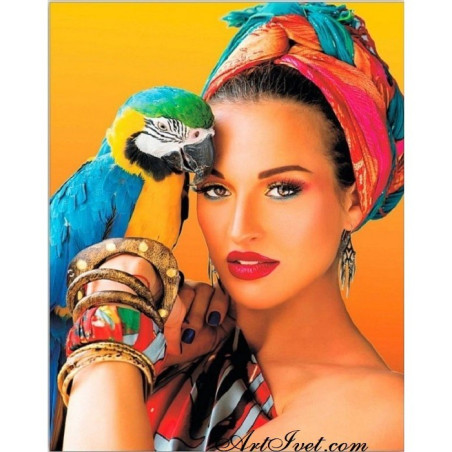 
     Картина по номера -Красивата кубинка и нейния папагал