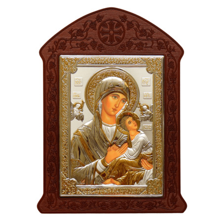 
     Сребърна Икона - Богородица с младенец с MDF дърворезба
