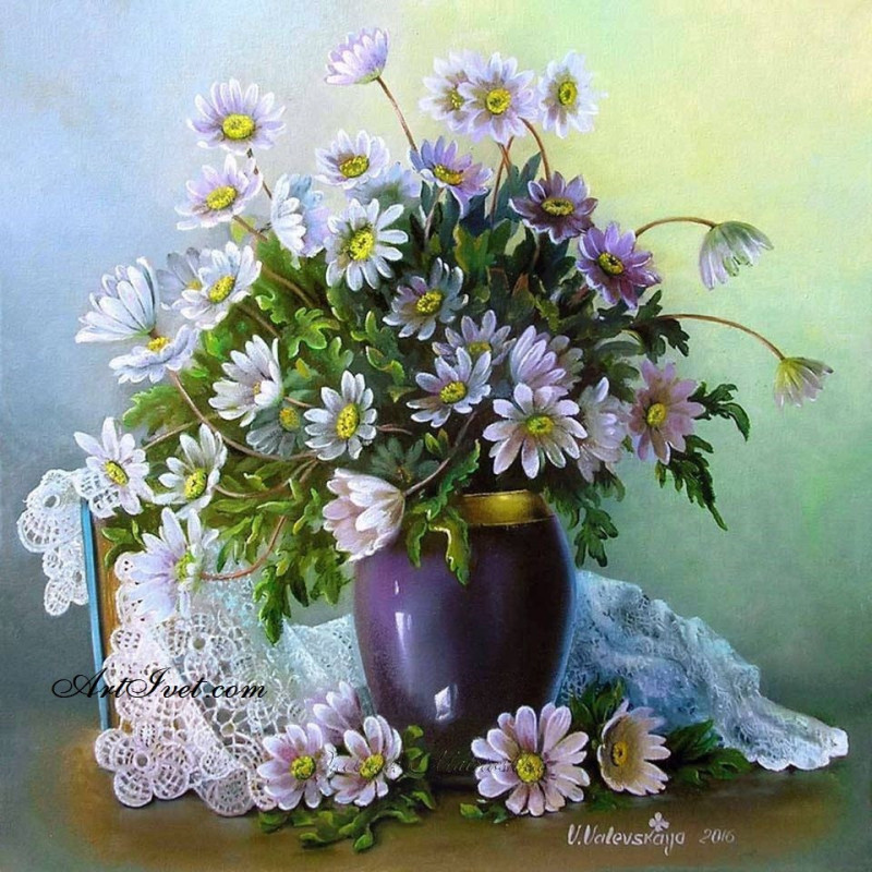 Рисуване по Номера (пълен комплект) - Белите цветя в синята ваза и дантелената покривка