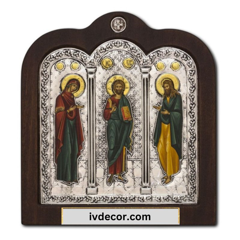 Икона Сребро 925  - ,, Дейсис'' - Христос, Богородица и Свети Йоан Кръстител 17x19 cm