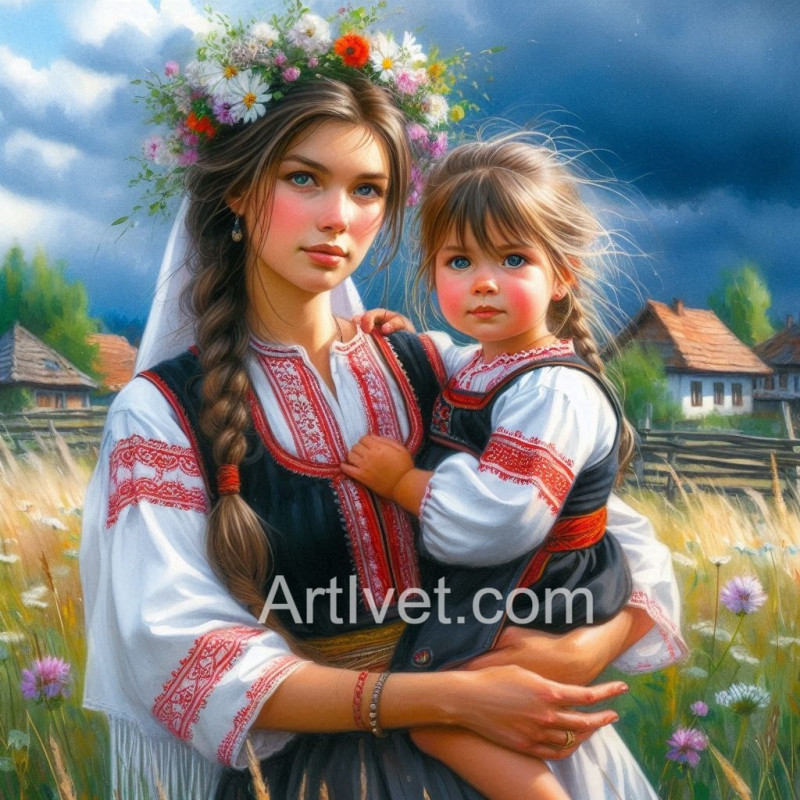 Рисуване по номера - МАЙКА И ДЪЩЕРЯ СРЕД БУЙНИТЕ ТРЕВИ 40х40 см.