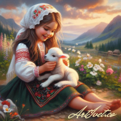 Рисуване по номера - МОМИЧЕНЦЕ И АГЪНЦЕ - ИГРА НА ПОЛЯНАТА 40х40 см.