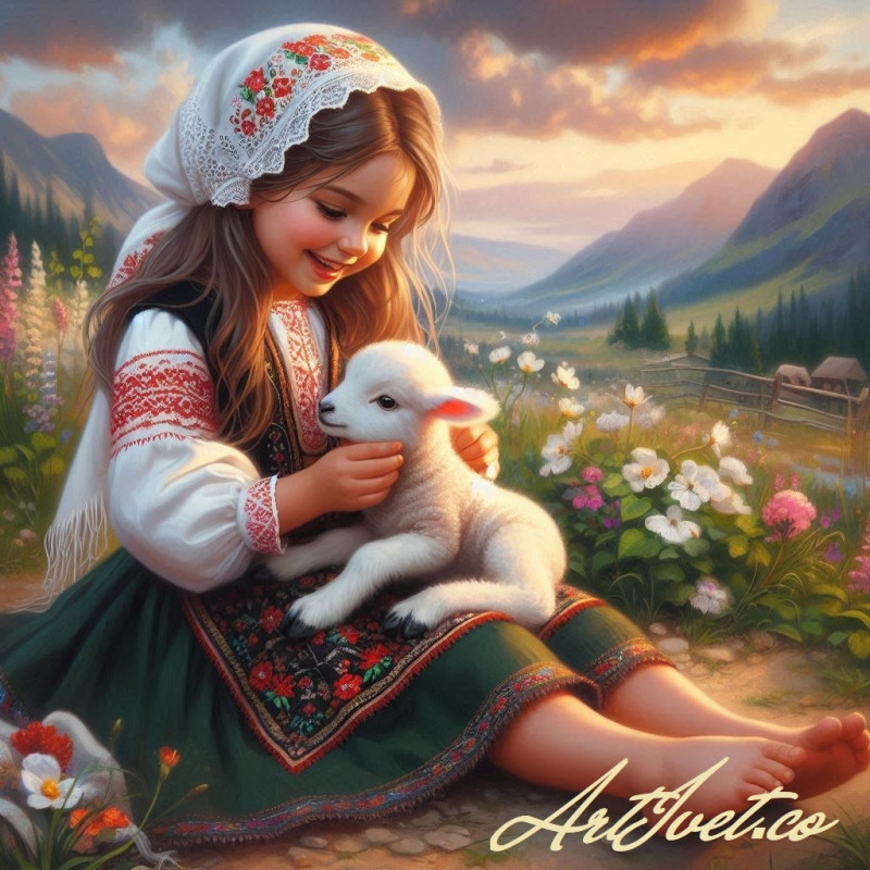 Рисуване по номера - МОМИЧЕНЦЕ И АГЪНЦЕ - ИГРА НА ПОЛЯНАТА 40х40 см.