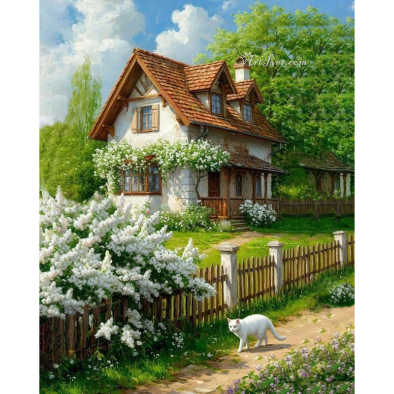 Рисуване по номера - КЪЩАТА С БЯЛАТА КОТКА
