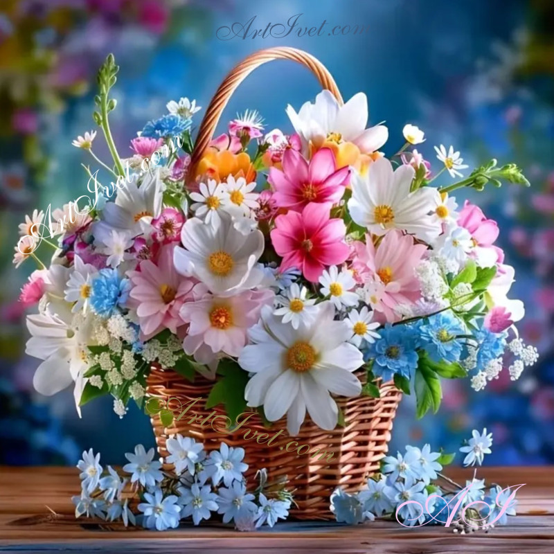 Рисуване по номера   НЕЖНИ ЦВЕТЯ В КОШНИЦА  40х40 см.