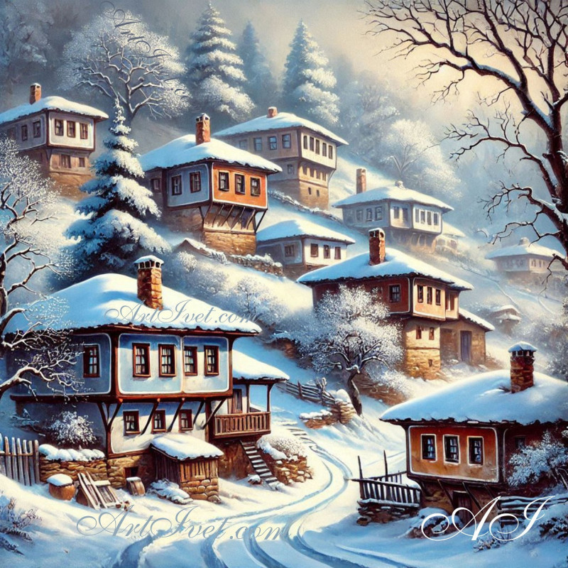 Рисуване по номера - ЗИМНО СЕЛЦЕ 40х40 см.