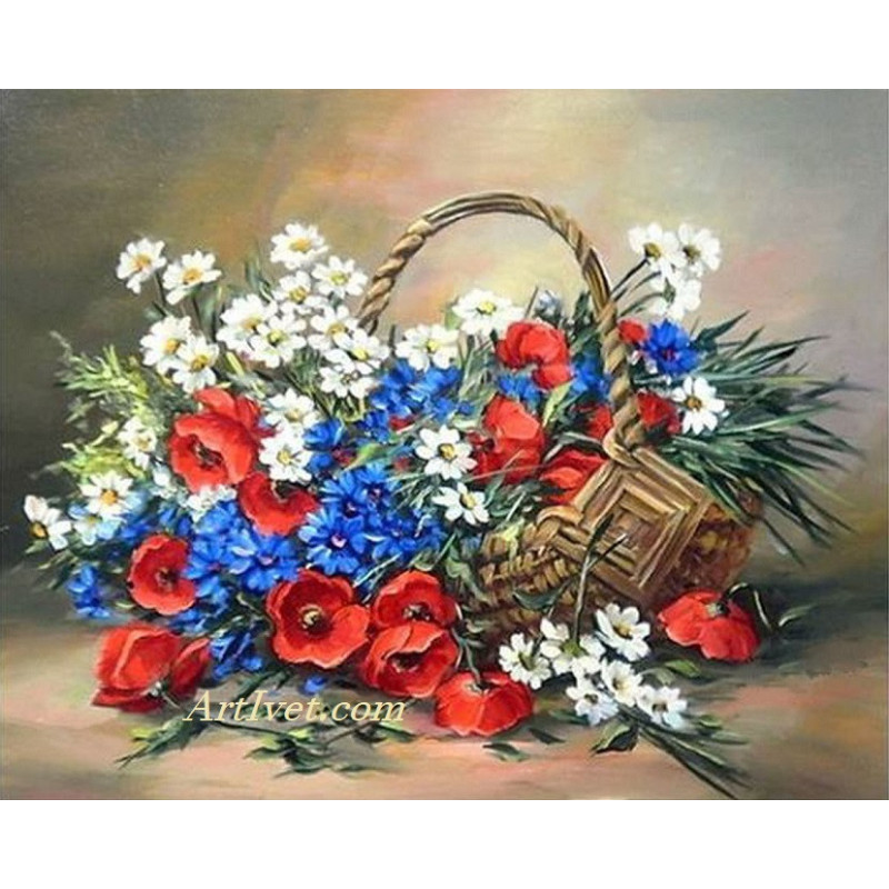 Рисуване по номера - КОШНИЦА С ПОЛСКИ ЦВЕТЯ - МАКОВЕ