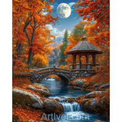 Рисуване по номера - БЕСЕДКА ДО МОСТА ПОТЪНАЛА СРЕД ОРАНЖЕВА ЕСЕН