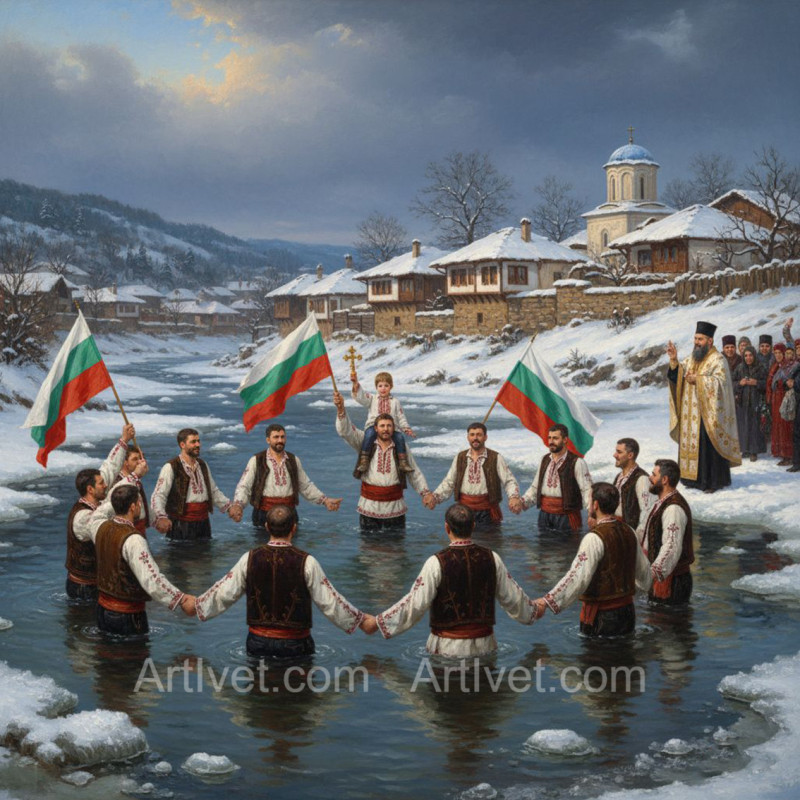 Рисуване по номера - ЙОРДАНОВ ДЕН - МЪЖКО ХОРО В ЛЕДЕНИ ВОДИ 40х40 см.