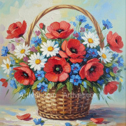 Рисуване по номера - КОШНИЦА ЦВЕТЯ - МАКОВИ УСЕЩАНИЯ 40х40 см.