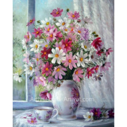 Рисуване по номера - НЕЖЕН БУКЕТ В РОЗОВО В БЯЛА ВАЗА