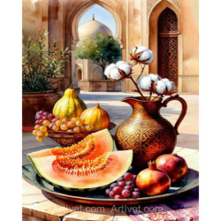 Рисуване по номера - НАТЮРМОРТ С ПЛОДОВЕ И ПАМУК В МЕДНИ СЪДОВЕ