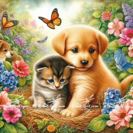 
     Рисуване по номера - КЛЕПОУХИ СЛАДУРИ - КУЧЕ И КОТЕ  40х40 см.