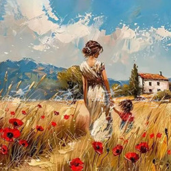 Рисуване по номера - С ДЪЩЕРЯ МИ НА РАЗХОДКА СРЕД ПОЛЯТА 40х40 см.