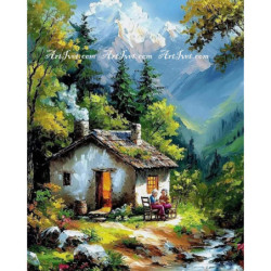 Рисуване по номера - В ПОДНОЖИЕТО НА ПЛАНИНАТА МАЛКА КЪЩИЧКА СЕ ГУШИ