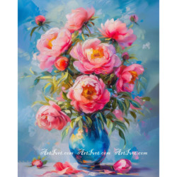 Рисуване по номера - КИЧЕСТ РОЗОВ БОЖУР В СИНЯ ВАЗА