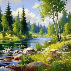 Рисуване по номера - БРЕЗИ ДО РЕЧНОТО КОРИТО 40х40 см.