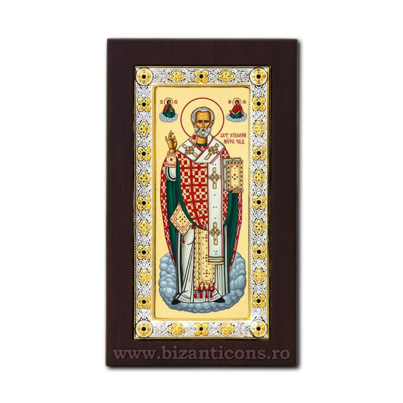 Сребърна икона върху дърво - Свети Иерарх Николай 11x18 cm